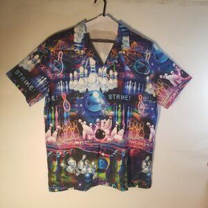 ACE Mens XL Graphic Neon Blue Purple Short Sleeve Button Up V-Neck Bowling Shirt